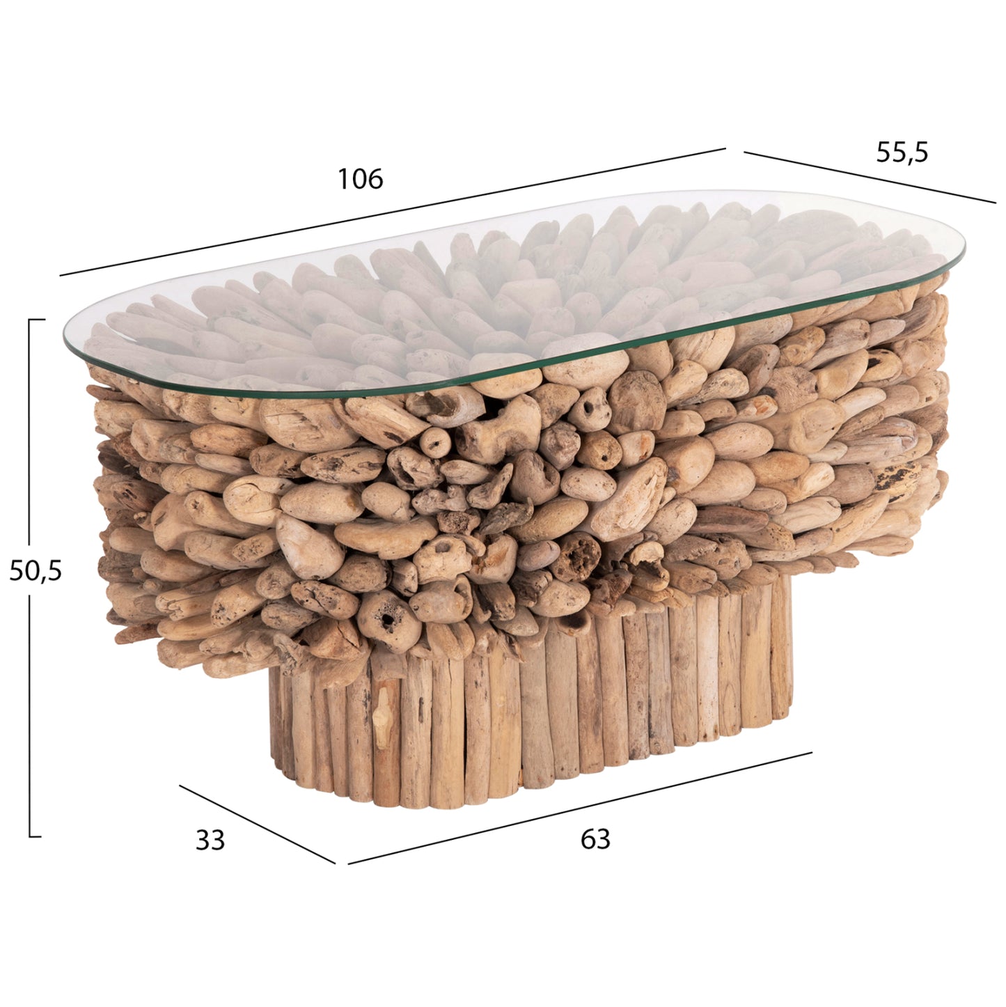Coffee Table Oval Sparrow Hm9962 Driftwood--glass 106x55,5x50,5hcm.