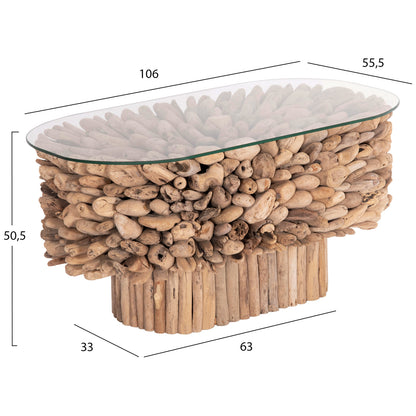 Coffee Table Oval Sparrow Hm9962 Driftwood--glass 106x55,5x50,5hcm.