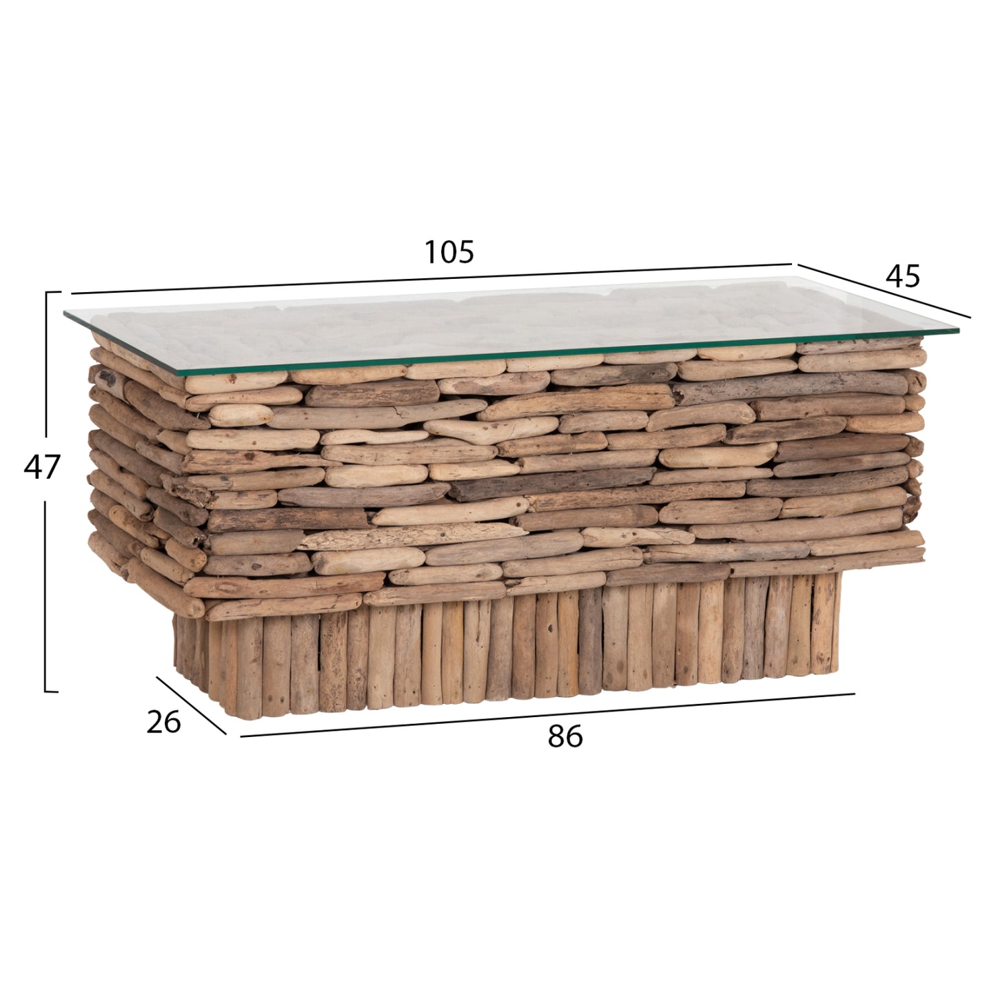 Coffee Table Rectangular Sparrow Hm18366 Driftwood--glass 105x45x47hcm.