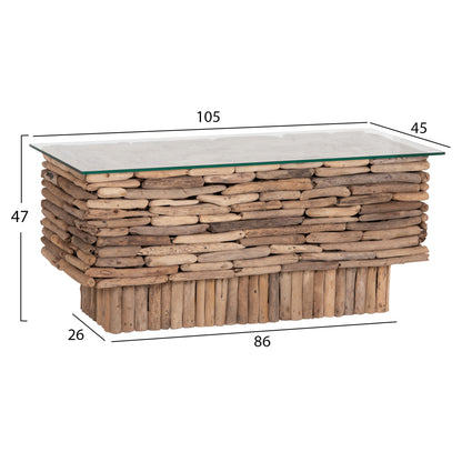 Coffee Table Rectangular Sparrow Hm18366 Driftwood--glass 105x45x47hcm.