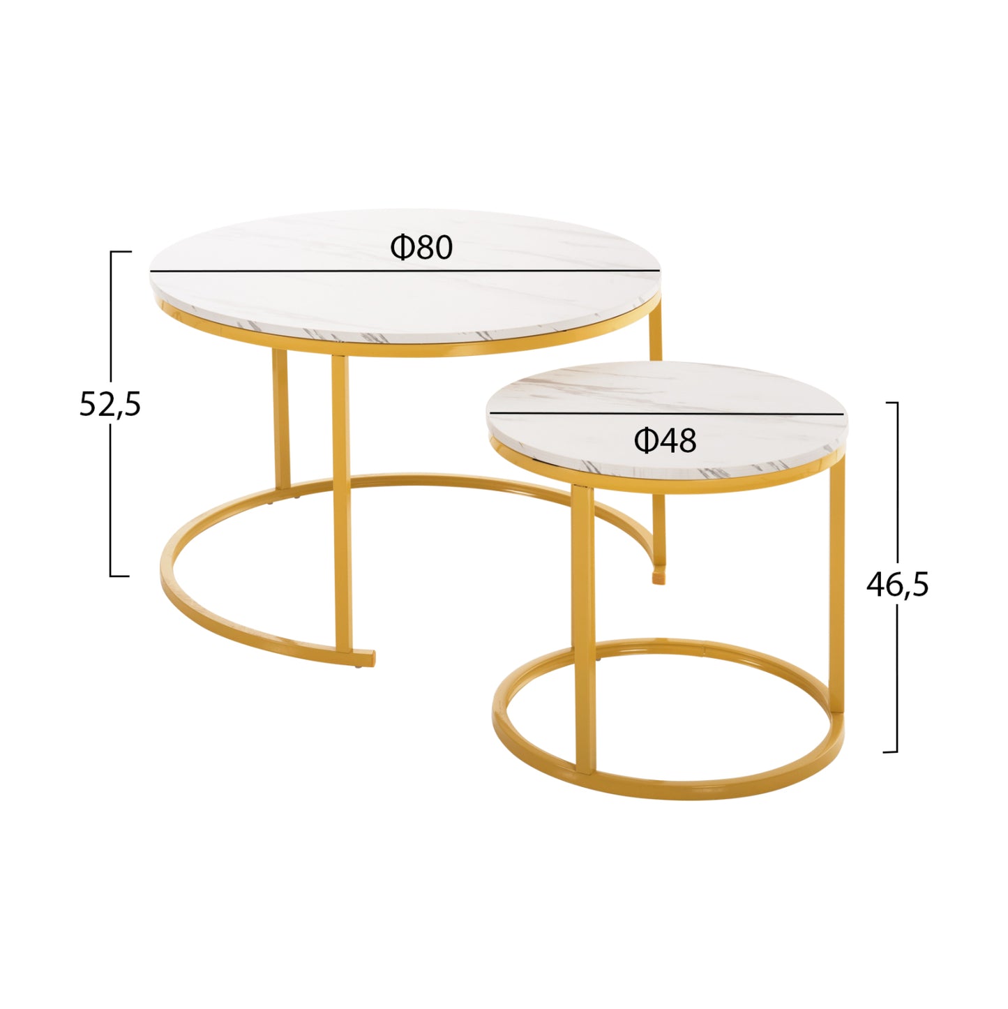 Coffee Table 2pcs Set Mdf White Marble Gold Metal Legs Φ80x48cm.hm8763.11