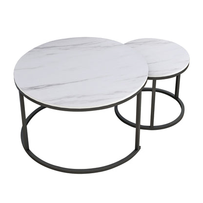 Coffee Tables Set 2pcs Mdf White Marble Look Black Legs Φ80x48cm.hm8763.12