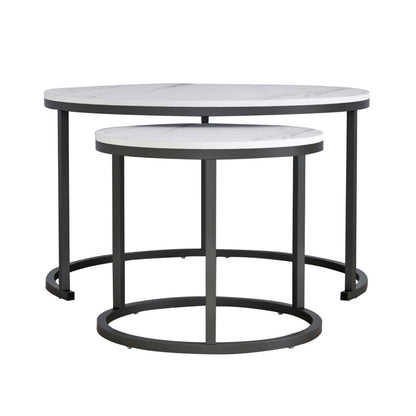 Coffee Tables Set 2pcs Mdf White Marble Look Black Legs Φ80x48cm.hm8763.12