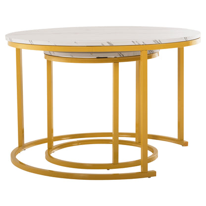 Coffee Table 2pcs Set Mdf White Marble Gold Metal Legs Φ80x48cm.hm8763.11