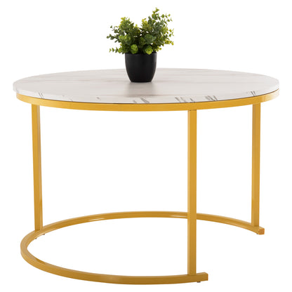 Coffee Table 2pcs Set Mdf White Marble Gold Metal Legs Φ80x48cm.hm8763.11