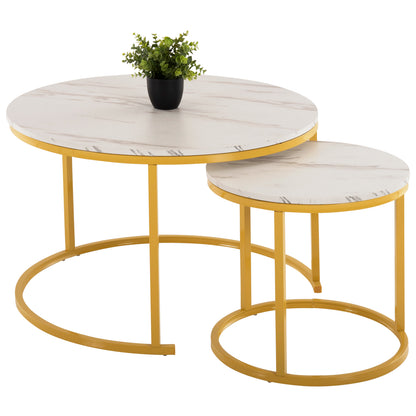 Coffee Table 2pcs Set Mdf White Marble Gold Metal Legs Φ80x48cm.hm8763.11