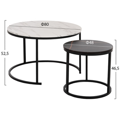 Coffee Table Hm8763.14 2pcs Set Mdf In Marble Look Mix Color With Black Legs Φ80-Φ48cm