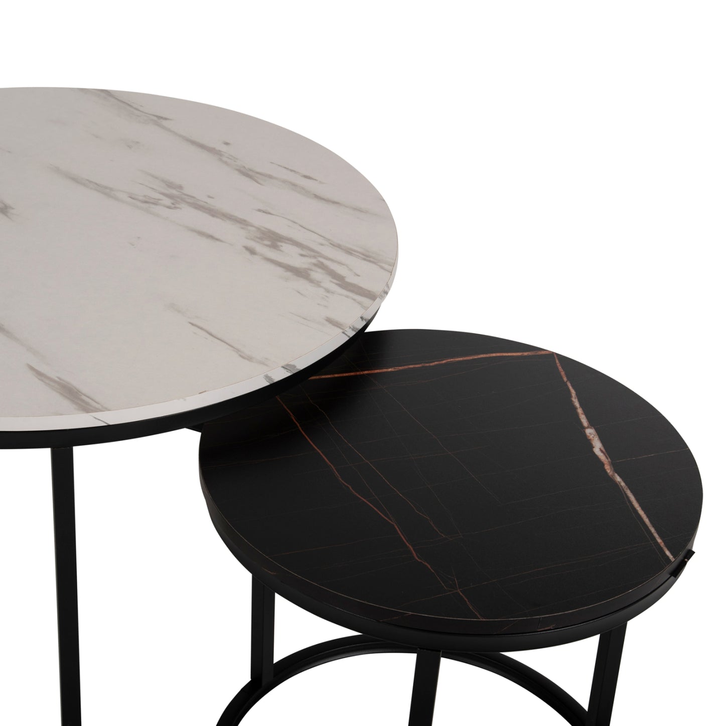 Coffee Table Hm8763.14 2pcs Set Mdf In Marble Look Mix Color With Black Legs Φ80-Φ48cm