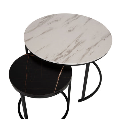 Coffee Table Hm8763.14 2pcs Set Mdf In Marble Look Mix Color With Black Legs Φ80-Φ48cm