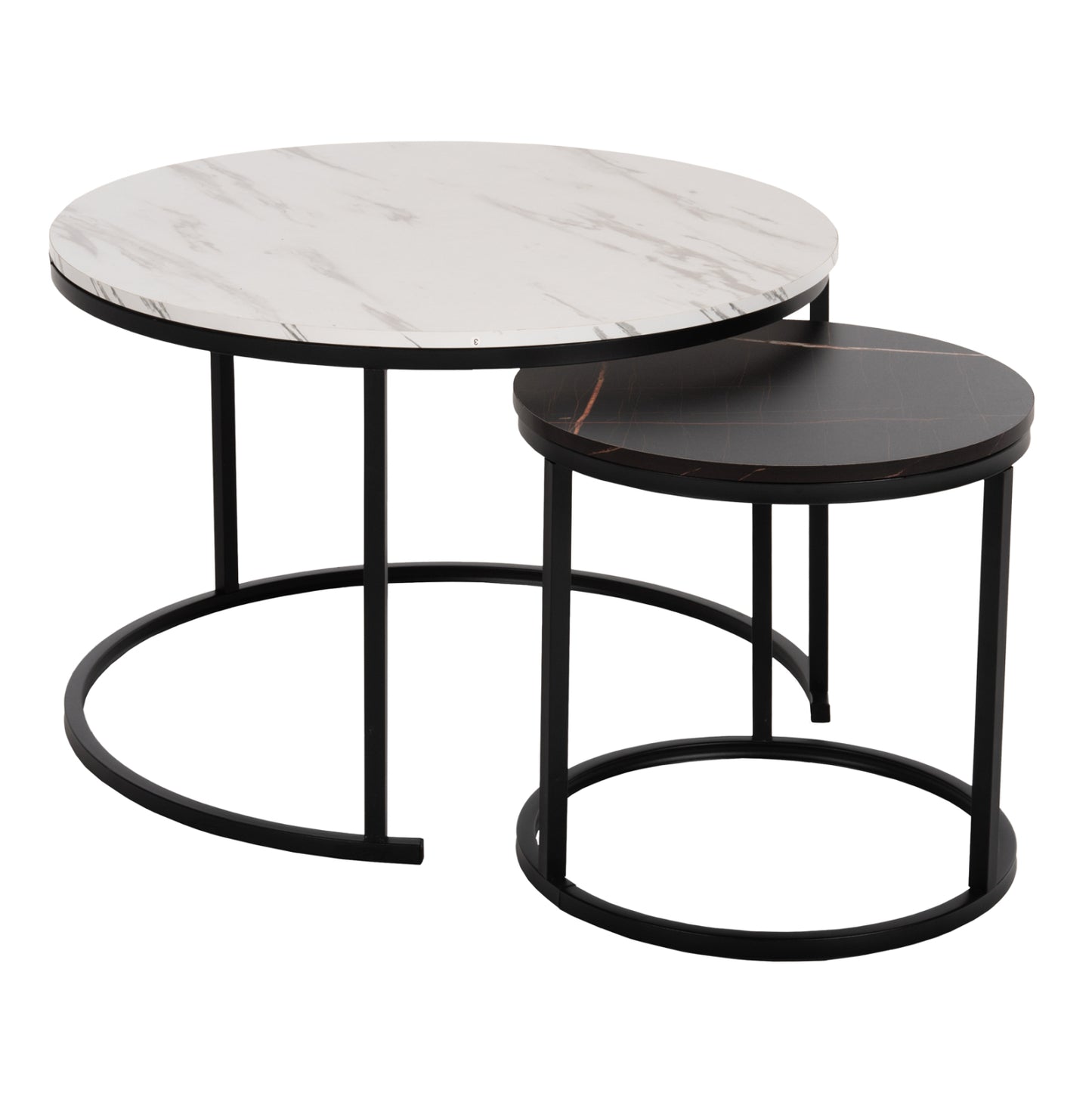 Coffee Table Hm8763.14 2pcs Set Mdf In Marble Look Mix Color With Black Legs Φ80-Φ48cm