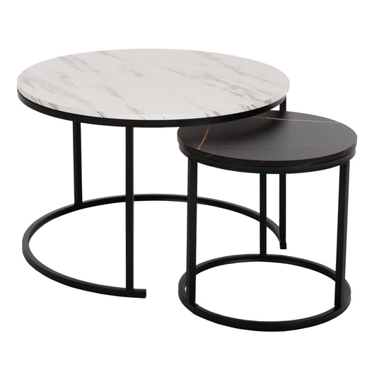 Coffee Table Hm8763.14 2pcs Set Mdf In Marble Look Mix Color With Black Legs Φ80-Φ48cm