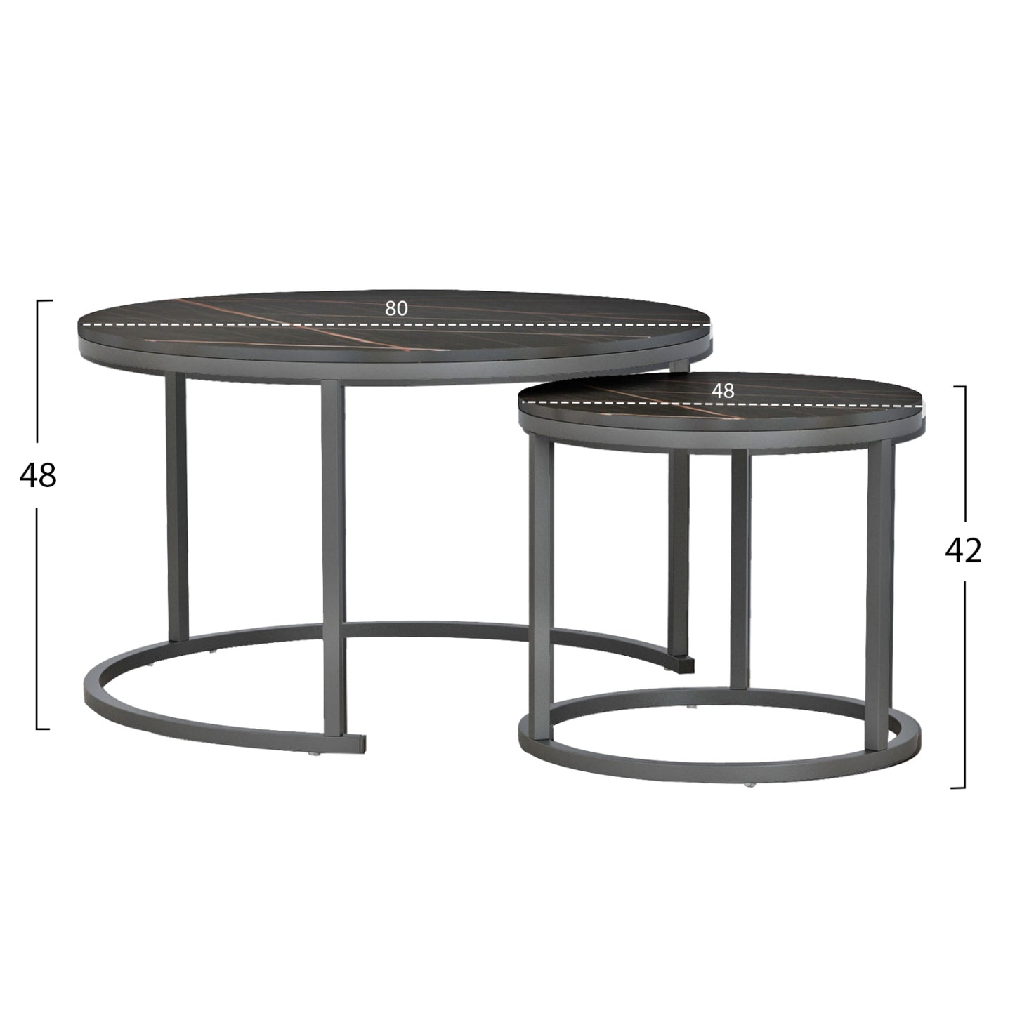 Coffee Tables Set 2pcs Mdf Black Marble Look Black Metallic Legs Φ80x48cm.hm8763.13