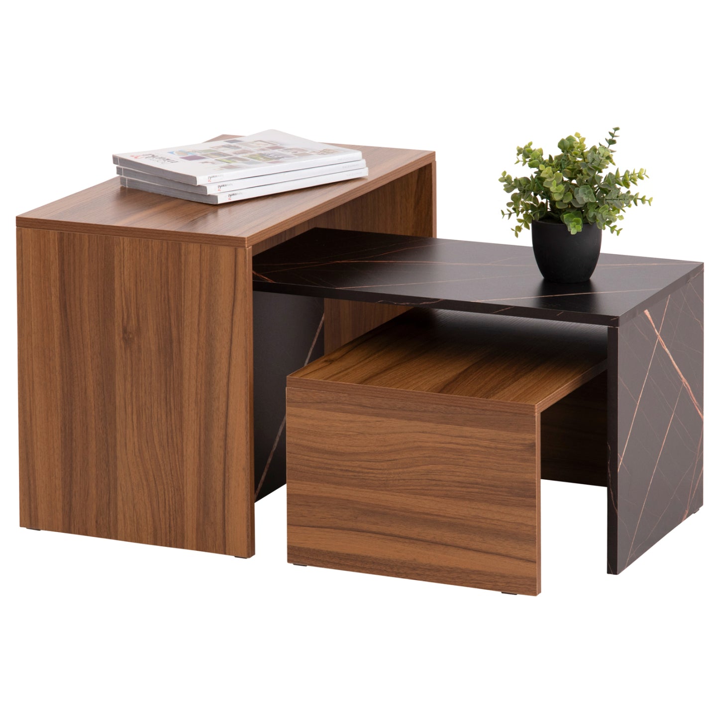 Coffee Tables 3pcs Set Bentil Hm9444.12 Melamine In Walnut-black Marble 65x35x45hcm.