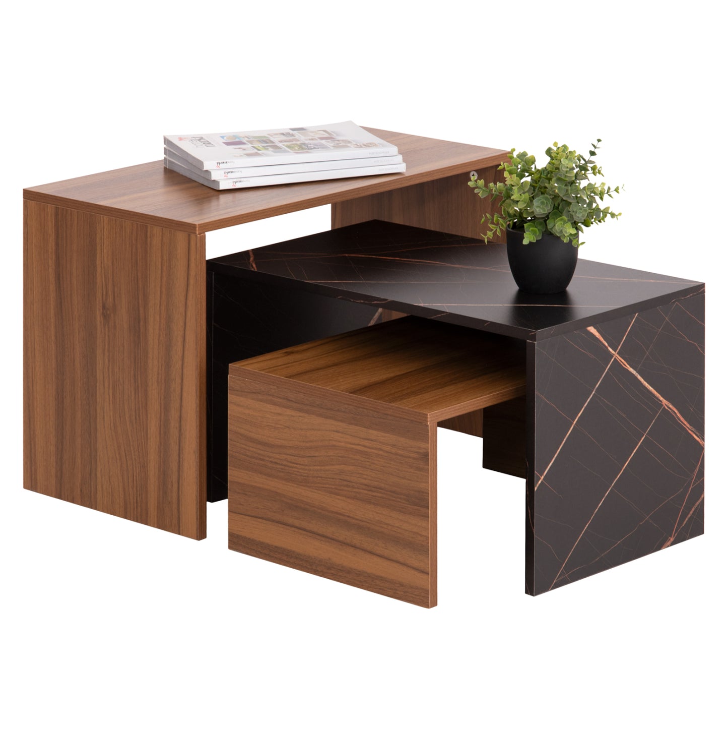 Coffee Tables 3pcs Set Bentil Hm9444.12 Melamine In Walnut-black Marble 65x35x45hcm.