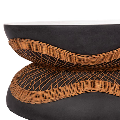 Coffee Table Round Anna Hm18157.01 Fiber Cement In Black-natural Rattan--Φ92x44.5hcm.