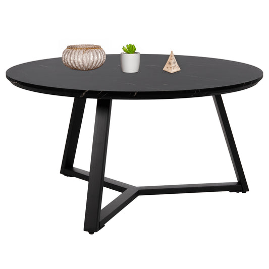 Coffee Table Round Hm9586.01 Mdf Black Marble-black Textured Metal Base Φ80x42hcm.