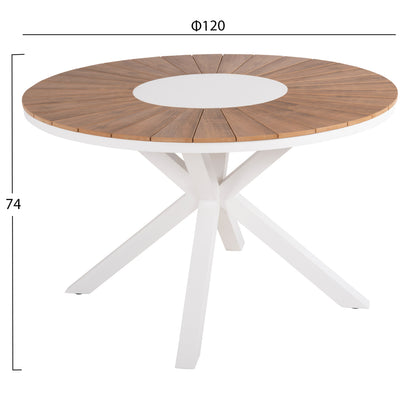 Outdoor Round Table Moril Hm6041.02 Aluminum In White-polywood In Natural Wood Φ120cm.