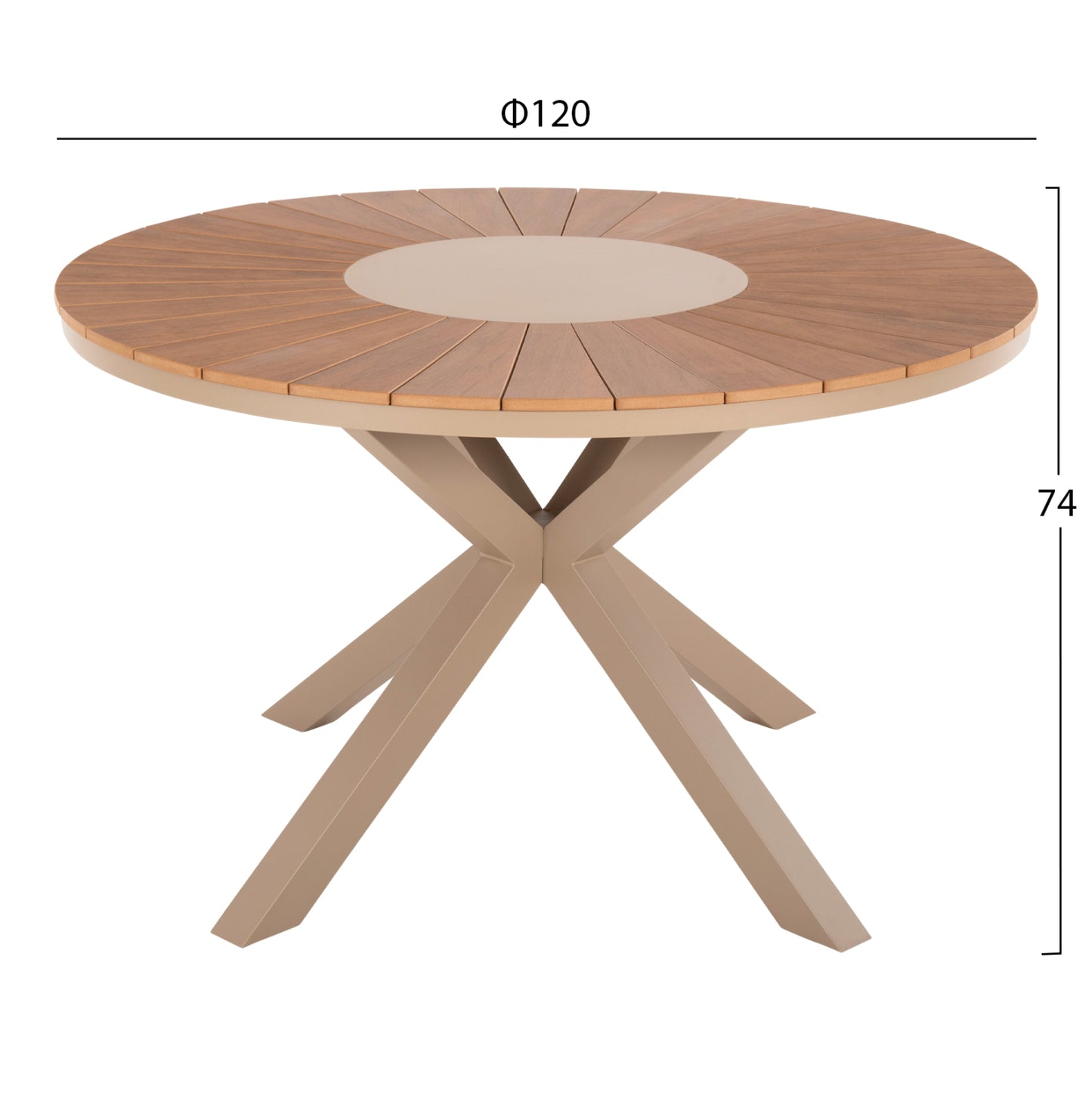 Outdoor Round Table Moril Hm6041.04 Aluminum In Champagne Color-polywood In Natural Wood Φ120cm.