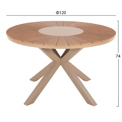 Outdoor Round Table Moril Hm6041.04 Aluminum In Champagne Color-polywood In Natural Wood Φ120cm.