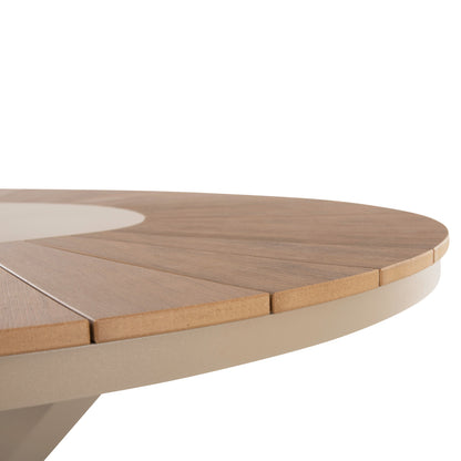 Outdoor Round Table Moril Hm6041.04 Aluminum In Champagne Color-polywood In Natural Wood Φ120cm.