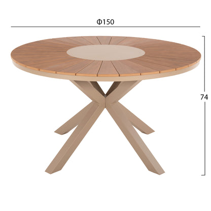 Outdoor Round Table Moril Hm6042.04 Aluminum In Champagne Color-polywood In Natural Wood Φ150cm.