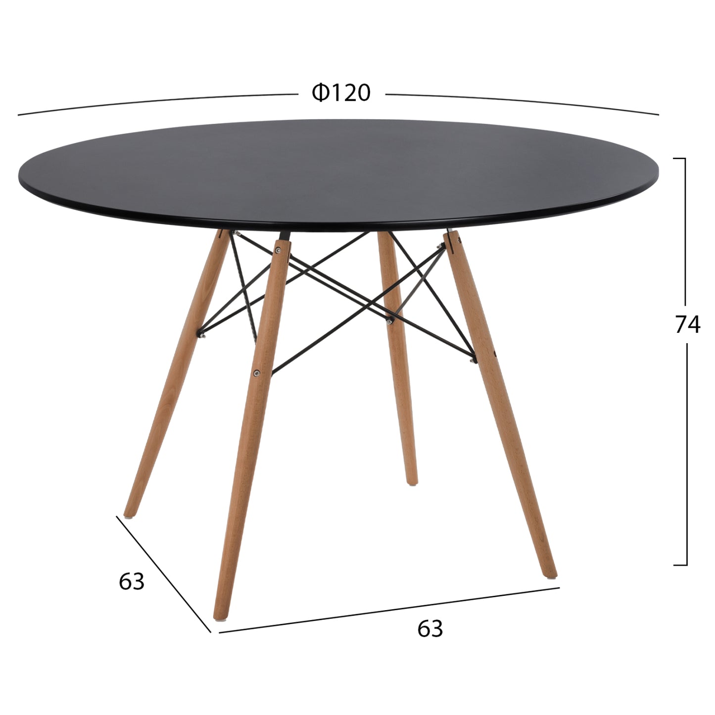 Dining Table Round Minimal Hm8454.02 Mdf In Black Color-beech Wood Legs In Natural Φ120Χ74hcm.