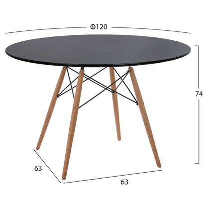 Dining Table Round Minimal Hm8454.02 Mdf In Black Color-beech Wood Legs In Natural Φ120Χ74hcm.