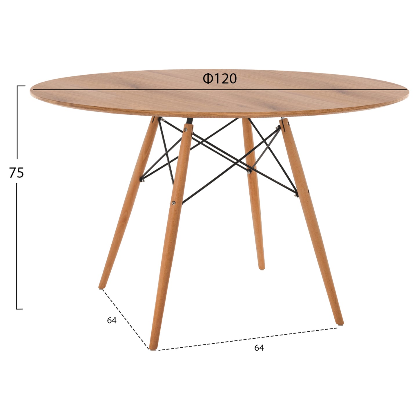 Dining Table Round Minimal Hm8454.04 Mdf In Natural Color-beech Wood Legs In Natural Φ120Χ75hcm.