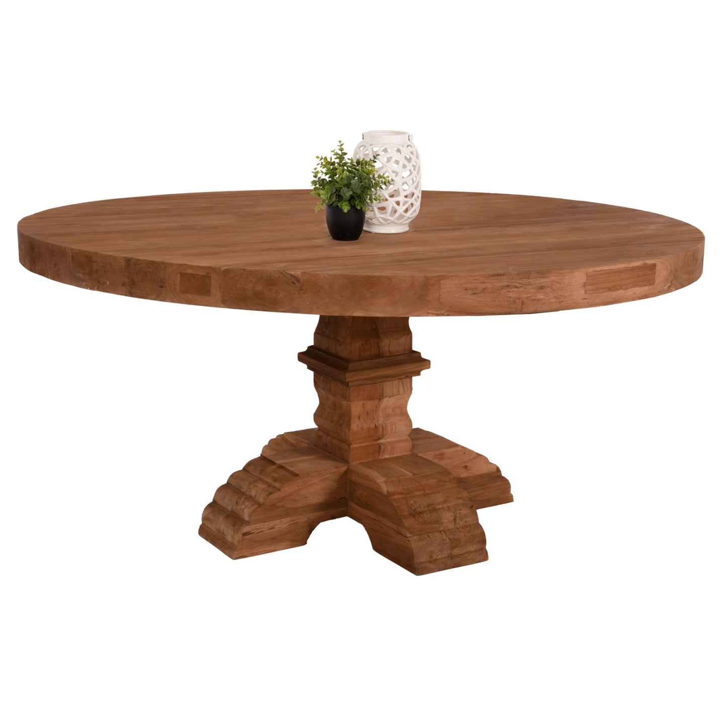 Dining Table Round Provence Hm9642 Recycled Teak Wood Carved Leg-8cm.tabletop Φ180x76hcm.