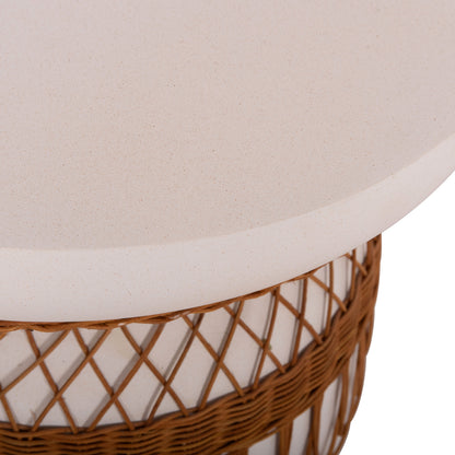 Side Table Round Prilep Hm18159.02 Fiber Cement In White & Rattan--Φ60x76.5hcm.