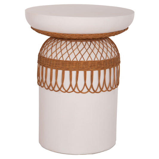 Side Table Round Prilep Hm18159.02 Fiber Cement In White & Rattan--Φ60x76.5hcm.