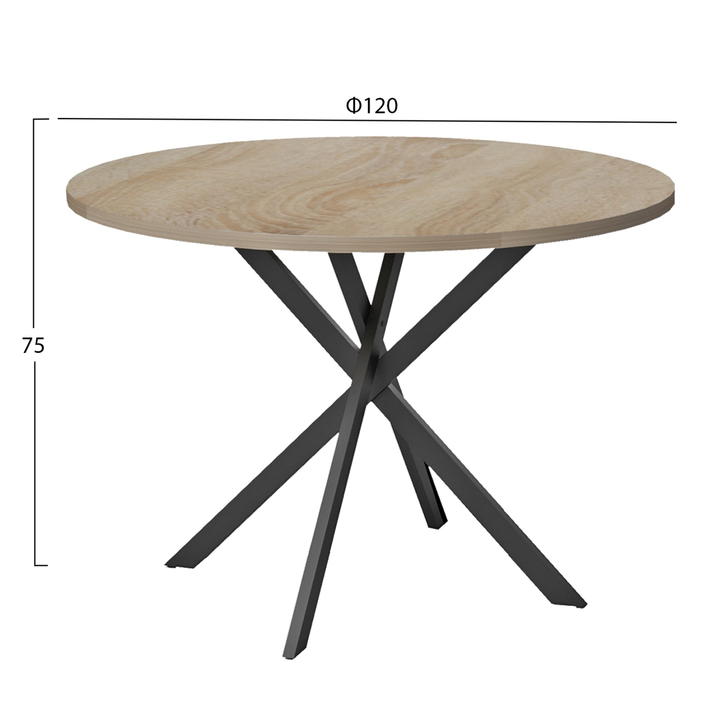 Round Dining Table Ariza Hm18385.01 Melamine In Sonama--black Metal Legs Φ120x75hcm.