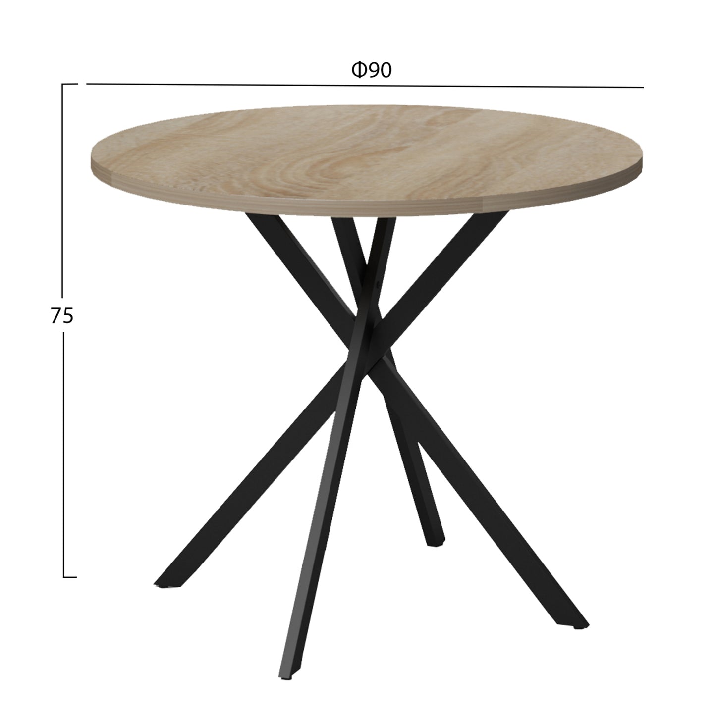 Round Dining Table Ariza Hm18386.01 Melamine In Sonama--black Metal Legs Φ90x75hcm.