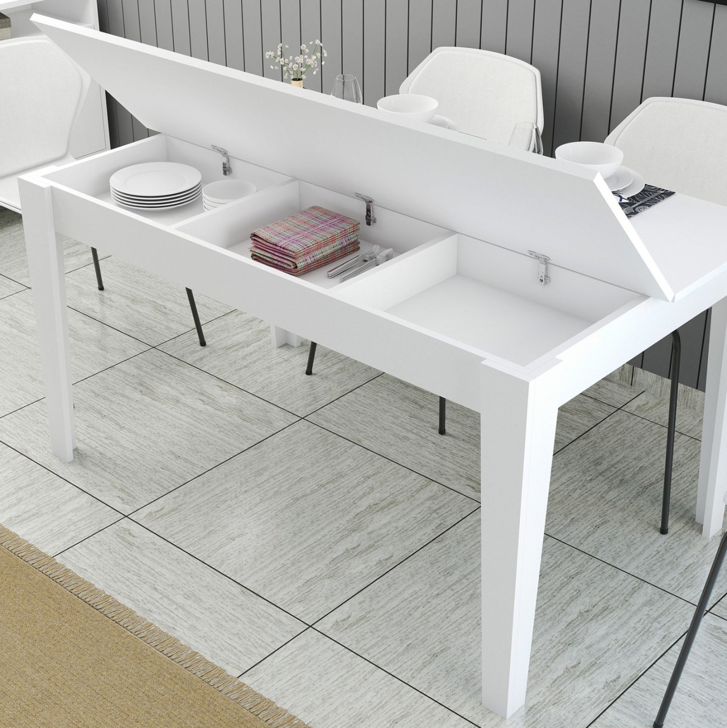 Dining Table Standard Hm9507.06 Melamine WΗΙΤΕ With Storage Space 145x88x75hcm.