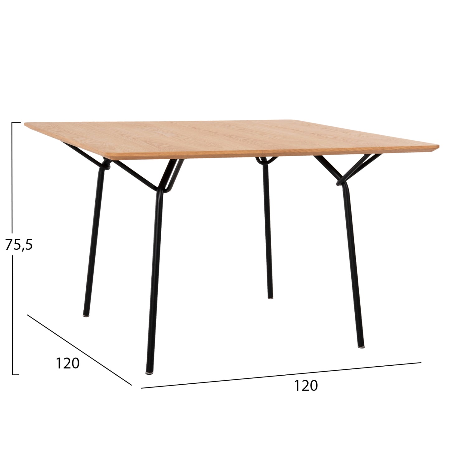 Dining Table Square Trenk Hm9614.01 Mdf With Oak Veneer In Natural-black Metal Legs 120x120x75hcm.
