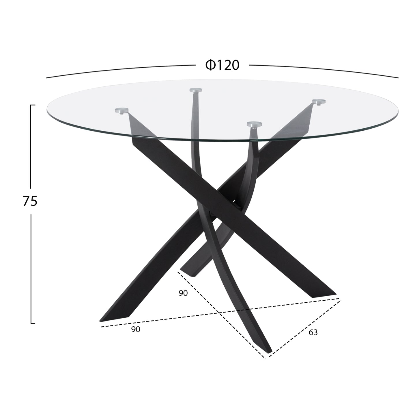 Dining Table Round Metallic Black With Glass Φ120x75Ηcm. Hm8733.01