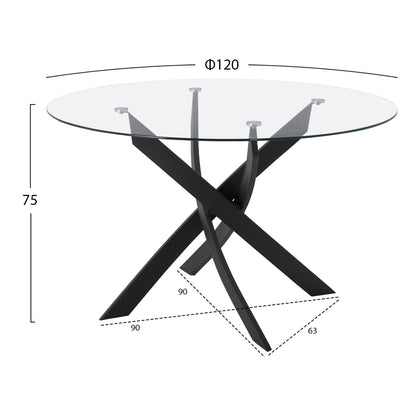 Dining Table Round Metallic Black With Glass Φ120x75Ηcm. Hm8733.01