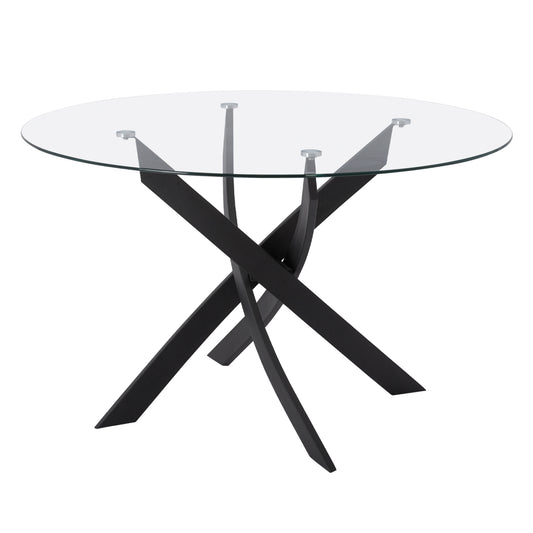 Dining Table Round Metallic Black With Glass Φ120x75Ηcm. Hm8733.01