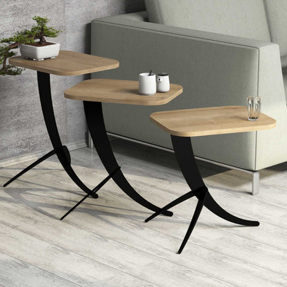 Side Tables 3pcs Hm9508.01 Melamine In Natural Oak-black Metal Legs 35x45x60hcm.