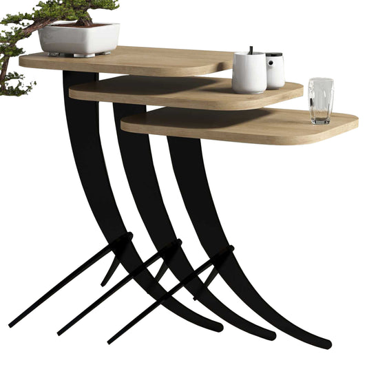 Side Tables 3pcs Hm9508.01 Melamine In Natural Oak-black Metal Legs 35x45x60hcm.