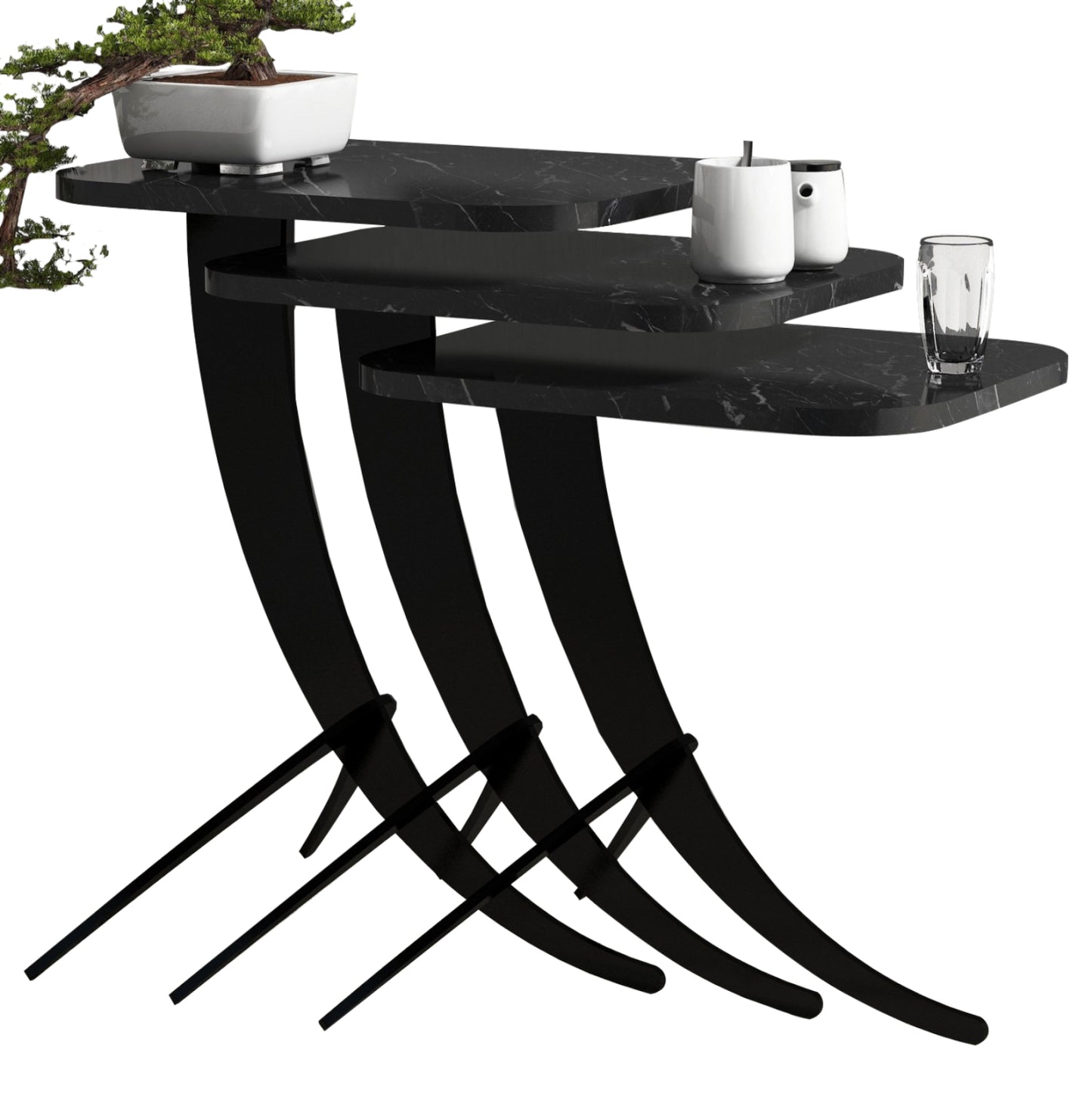 Side Tables 3pcs Hm9508.02 Melamine Black Marble Look-black Metal Legs 35x45x60hcm.