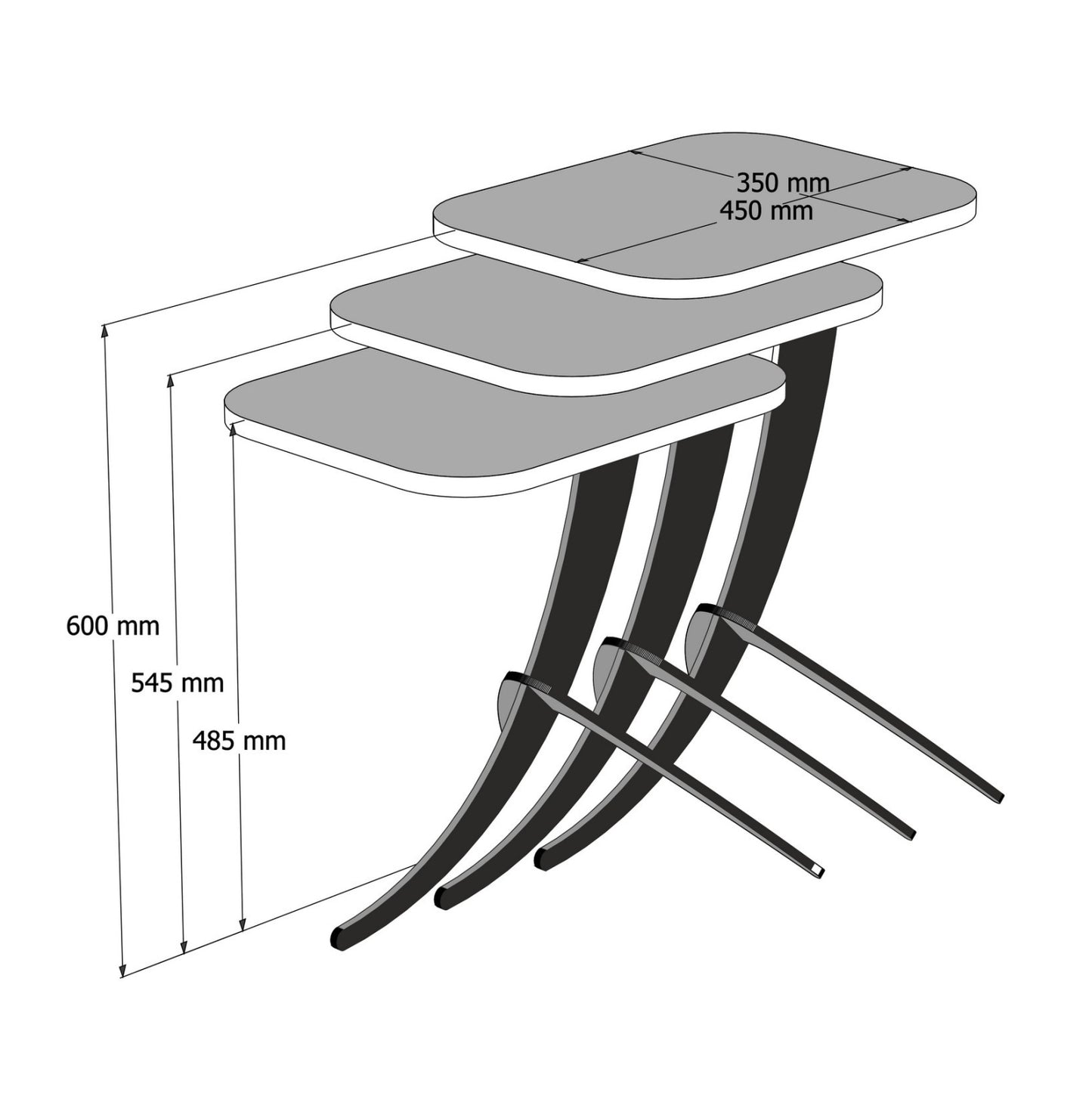 Side Tables 3pcs Hm9508.03 Melamine In Walnut-black Metal Legs 35x45x60hcm.