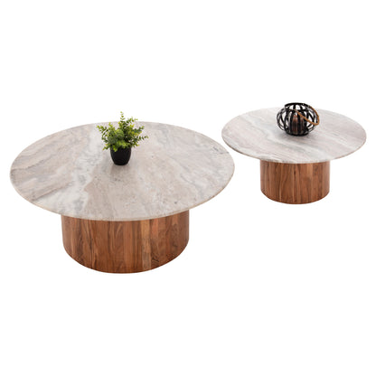 Coffee Tables 2pcs Formel Hm11915 Acacia Wood In Natural-white Marble Top Φ100 & Φ80 Cm.