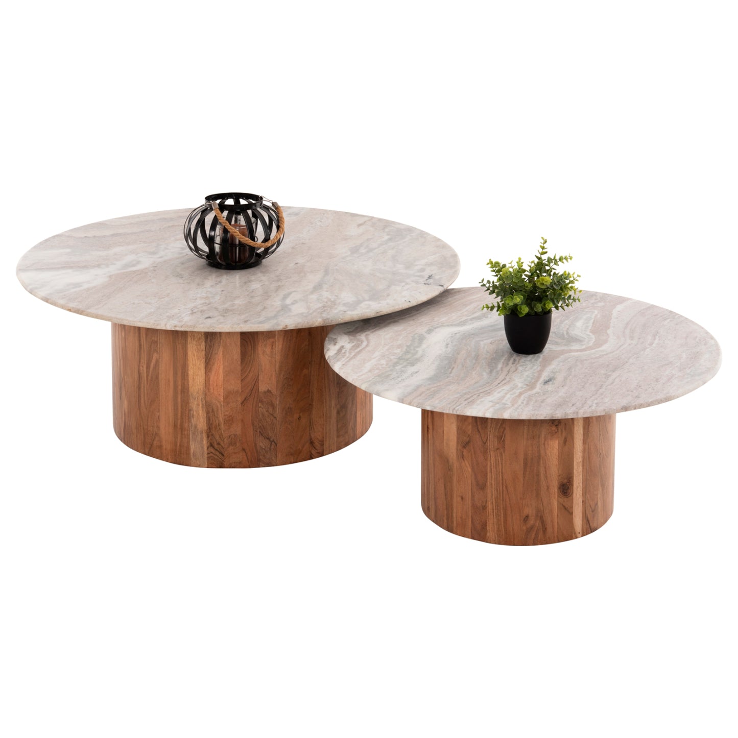 Coffee Tables 2pcs Formel Hm11915 Acacia Wood In Natural-white Marble Top Φ100 & Φ80 Cm.
