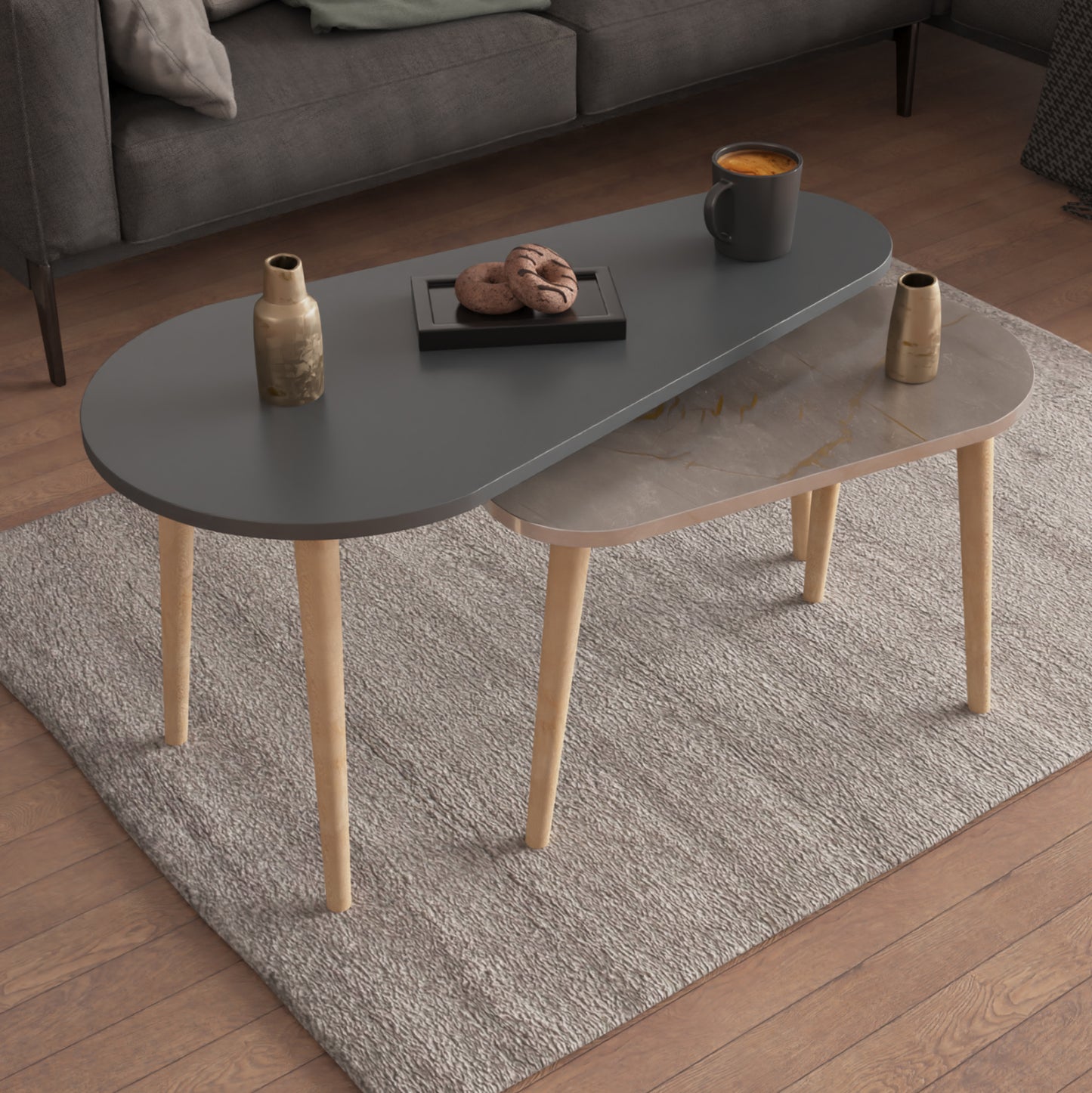 Coffee Tables 2pcs Aprilia Hm18179.06 Melamine In Anthracite & Grey Marble-wooden Legs In Natural 95x47x47hcm