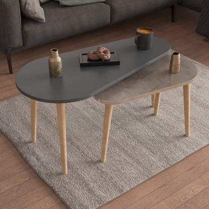 Coffee Tables 2pcs Aprilia Hm18179.06 Melamine In Anthracite & Grey Marble-wooden Legs In Natural 95x47x47hcm