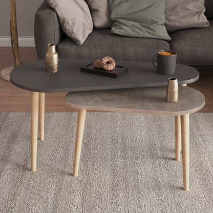Coffee Tables 2pcs Aprilia Hm18179.06 Melamine In Anthracite & Grey Marble-wooden Legs In Natural 95x47x47hcm
