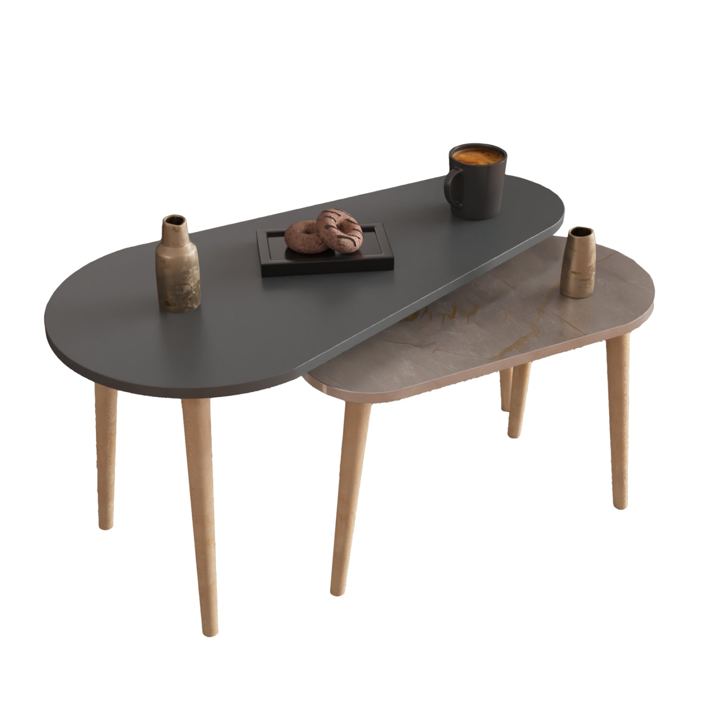 Coffee Tables 2pcs Aprilia Hm18179.06 Melamine In Anthracite & Grey Marble-wooden Legs In Natural 95x47x47hcm