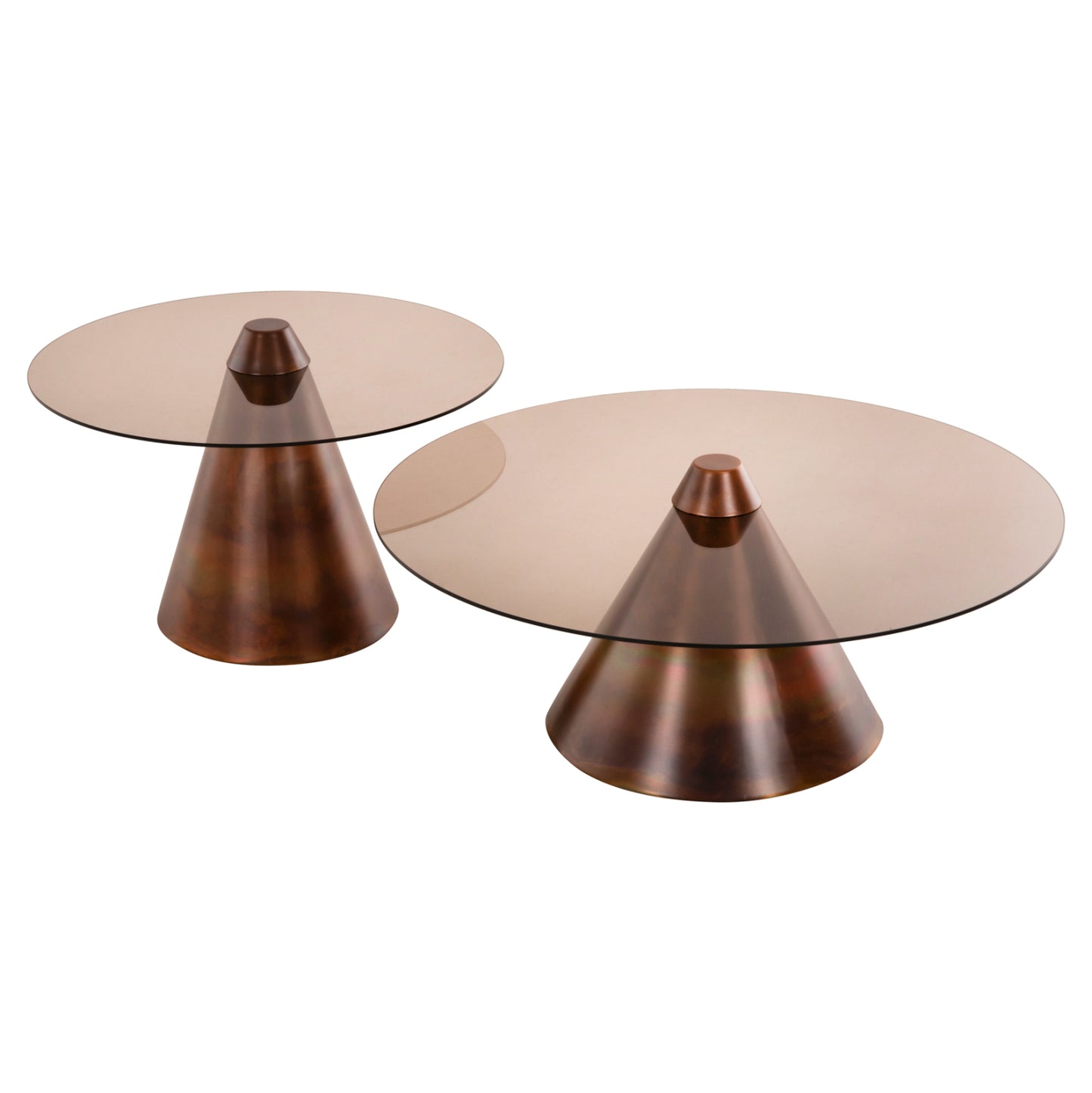 Coffee Tables 2pcs Reben Hm9676 Metal In Burned Copper-smoke Glass Top Φ80 & Φ60 Cm.