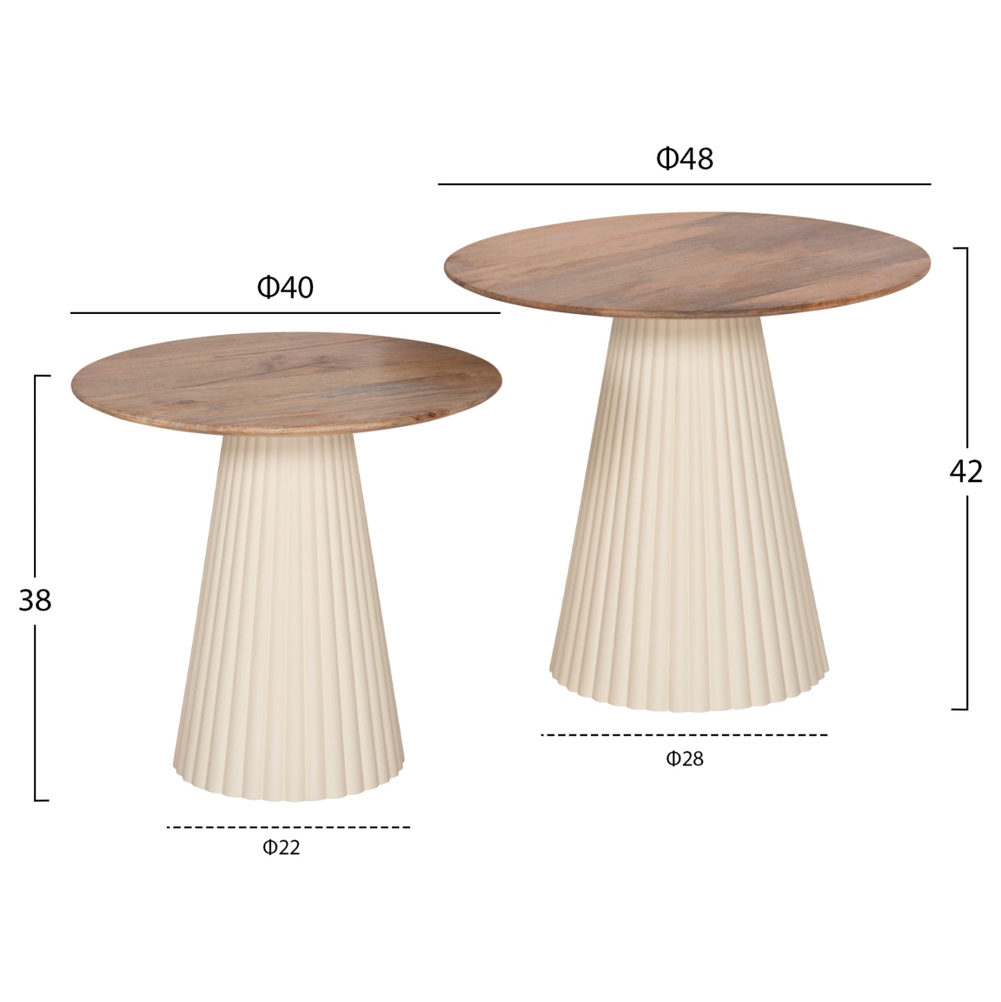 Coffee Tables 2pcs Foldy Hm9925 Metal Base In Ivory-round Top Mango Wood In Natural Φ40 & Φ48
